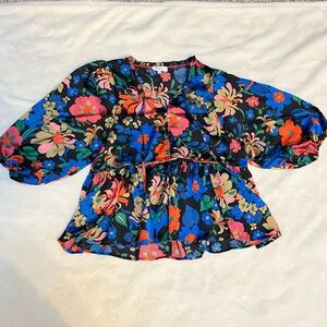 Umgee Black Floral Blouse with Ruffle Trim Balloon Sleeves Sz XL